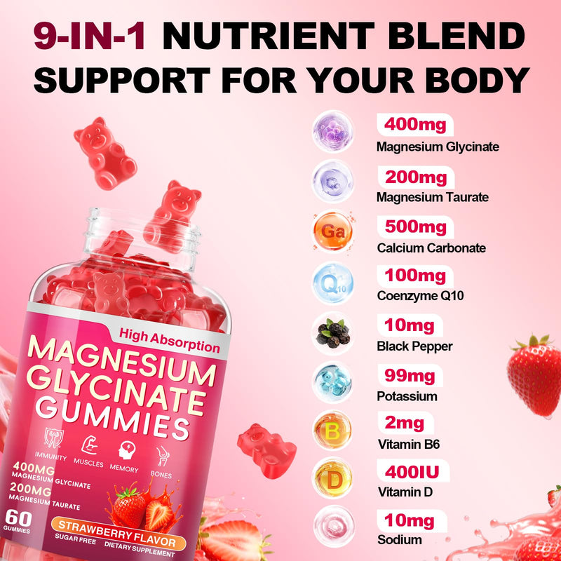 Magnesium Glycinate Gummies 600mg, High Absorption Magnesium Complex 60Ct | Suitable for Adults and Kids, Potassium Chewable Gummies with Vitamins D, CoQ10, for Relaxation and Body Support