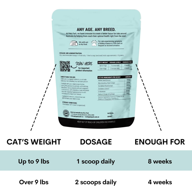 Urinary and Kidney Powder Supplement for Cats - Cranberry, Nettle Seed, D-Mannose for Cat UTI Treatment, Urinary Tract Health, and Kidney Care - Fast UTI Relief & Prevention - 60 Scoops - PawsPlanet Australia