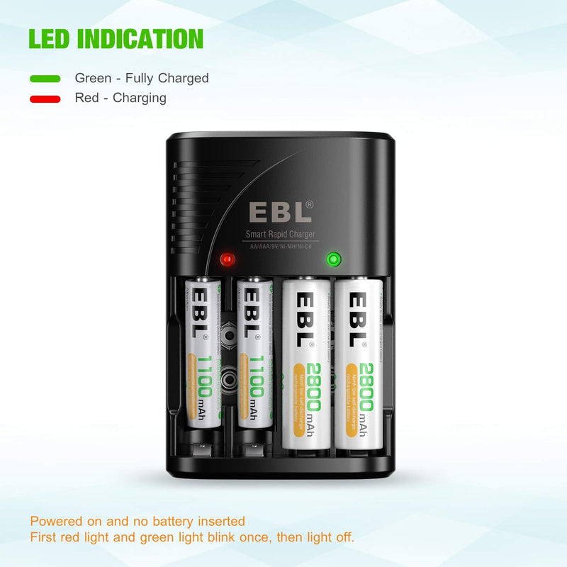 EBL Rechargeable AAA Batteries 800mAh (8 Packs) with Smart Rapid Battery Charger with AC Wall Plug for AA AAA 9V Ni-MH Ni-CD Rechargeable Batteries 802 Charger + 8 AAA