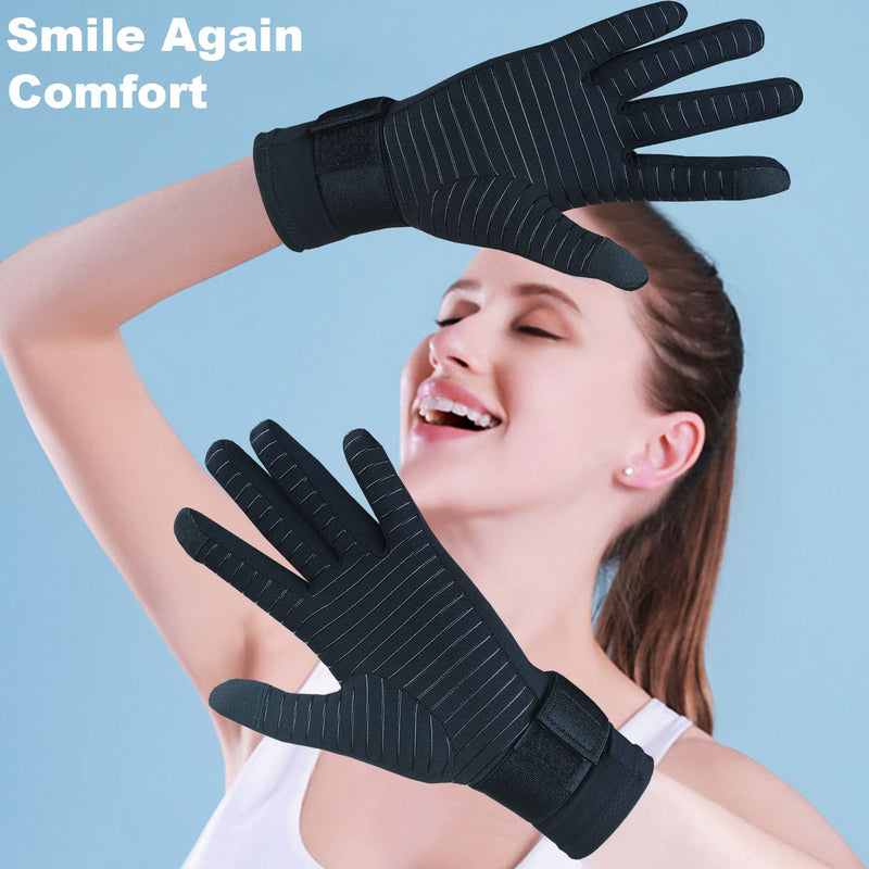 2 Pairs Full Finger Copper Arthritis Compression Gloves for Women Men with Wrist Strap, Compression Gloves for Carpal Tunnel, Hand Pain Relief, Swelling, Typing with Touchscreen Tips (Large/X-Large) Large / X-Large (2 Pairs) Black