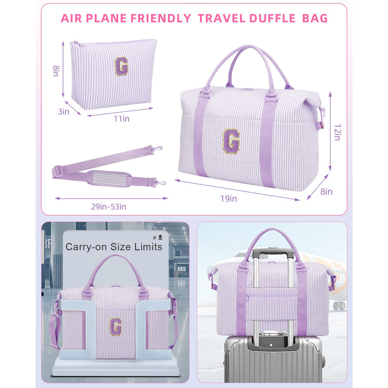 Birthday Gifts for Teen Girl Women Initial Travel Duffle Bag | Cute Overnight Weekender Bag with Makeup Pouch, Personalized Dance Gymnastics Bag, Purple-G G