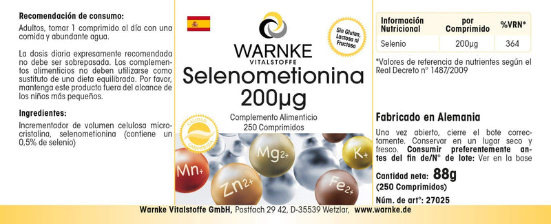 [Australia] - Selenium tablets - 200mcg - Selenomethionine - vegan - 250 tablets | Warnke vital substances - German pharmacy quality 