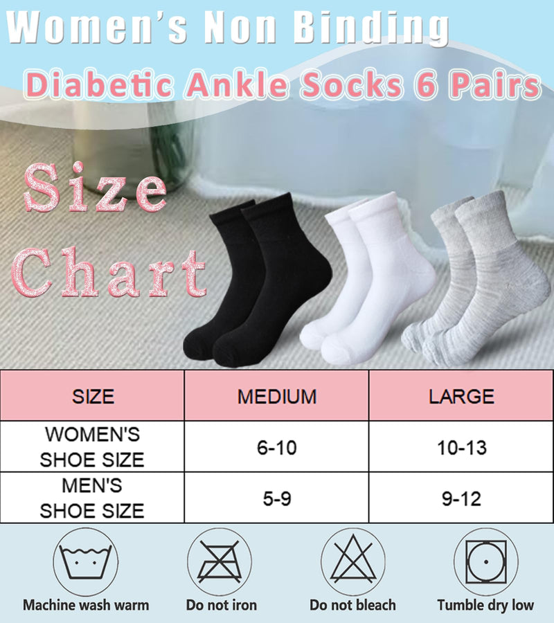 [Australia] - Women 's Diabetic Ankle Socks for Swollen Feet, Edema, Neuropathy, Bariatric Non Binding Super Wide 6 Pairs Medium Black/White/Grey-6 Pairs 