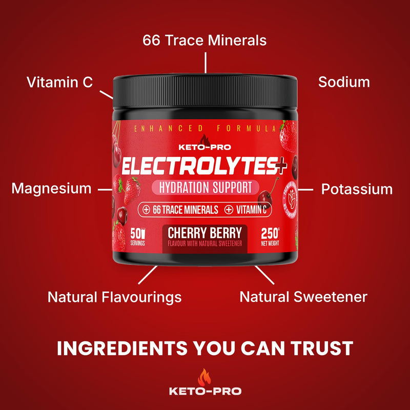 Keto-Pro Keto Electrolytes 250g - 50 Servings | Electrolyte Powder & Salts with 66 Trace Minerals | Supports Your Fasting, Health & Fitness Goals | Cherry Berry Flavour