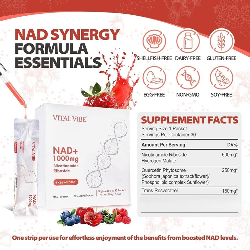 NAD+ Supplement, High Purity 1000mg NAD+ & Trans Resveratrol, Nicotinamide Riboside for Energy & Anti Aging, Metabolism & Brain Boost for Men & Women, Promote Longevity & Vitality, 30 Packs