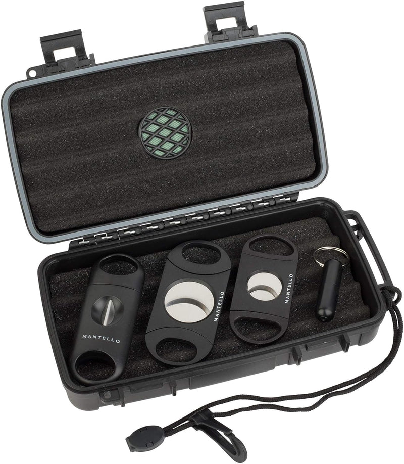 [Australia] - Mantello Cigars Travel Cigar Humidor Case - Cigar Case with 2 Ring, V-Cut & Punch Cutters - Waterproof & Airtight - Holds 5 Cigars- 5-Piece Cigar Accessories Cigar Gifts for Men 5 Piece Set 