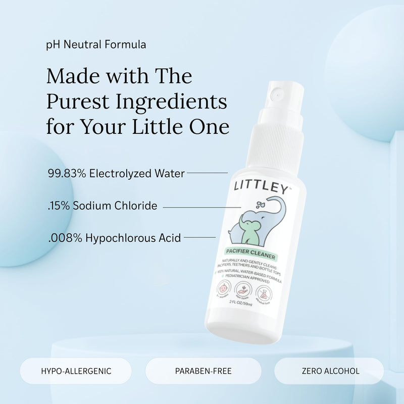 [Australia] - Littley Pacifier & Teether Cleaner with Hypochlorous Acid, Non-Toxic & Alcohol-Free, Gentle Formula for Cleaning Baby & Toddler Essentials, 2oz Travel-Size Spray Bottle 2 Fl Oz (Pack of 1) 