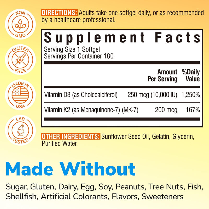 Vitalibre Vitamin D3 K2 Supplement, Vitamin D3 10000 IU & 200 mcg K2 MK7 | Enhanced Calcium Absorption, Bone, Heart, Immune & Mood Support, No Soy, Easy to Swallow, 180 Softgels 180 Count (Pack of 1)