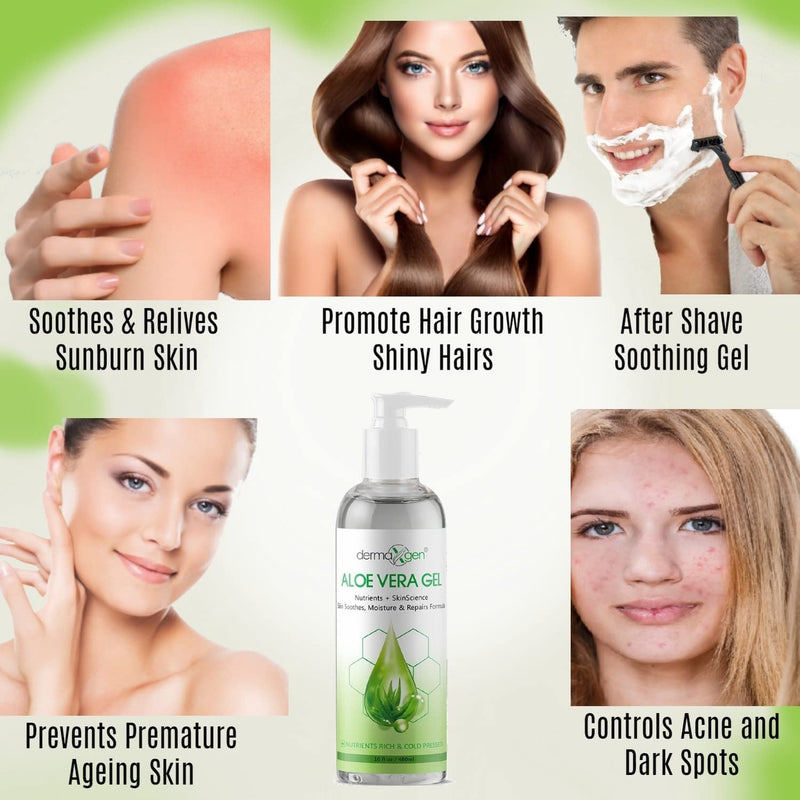 Aloe Vera Gel - Organic 100% Pure Aloe + Witch Hazel + Vitamin C + Vitamin E - Skin Soothes, Moisture And Repair Formula, Nutrients Rich And Cold Pressed - 16 Fl Oz