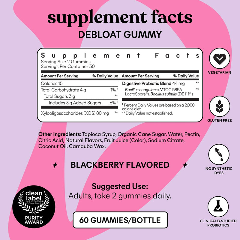 Lemme Debloat Digestive & Gut Health Gummies, 30-Day Supply | 2 Clinically Studied Probiotics & Prebiotic, Vegetarian, Gluten Free, Non GMO, BlackBerry Flavor 60 Count (Pack of 1)