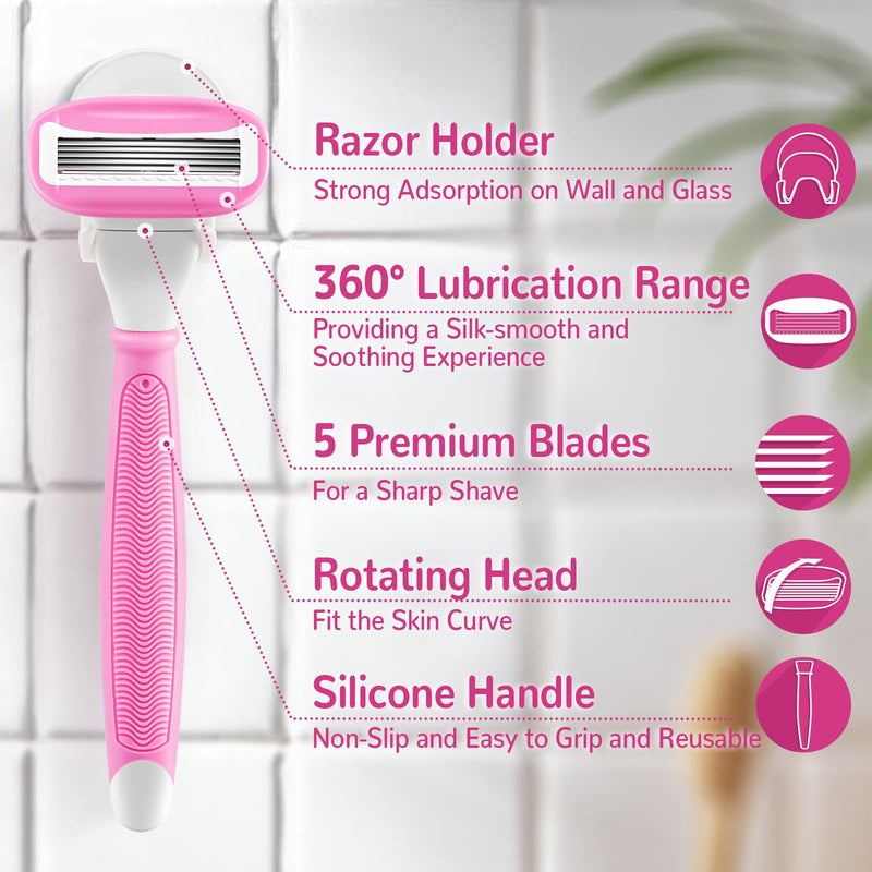[Australia] - Razors for Women Include 2 Non-Slip Handles and 14 Blade Refills with a Shower Holder, 5 Premium Blades Women's Razors for Shaving with 360° Lubrication Reduces Irritation, Pink 