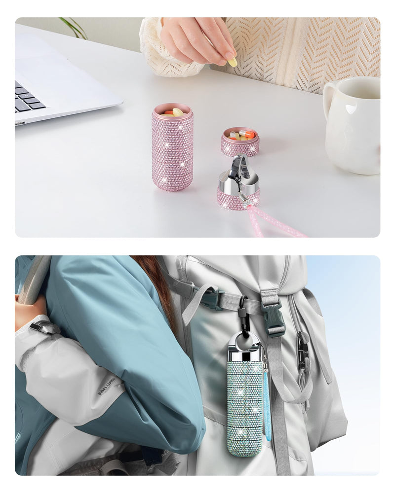 Zannaki Metal Bling Pill Organizer, Travel Waterproof Weekly Pill Box, Portable Large Aluminum Alloy Pill Case Container, BPA Free 7 Day Daily Medicine Organizer Holder for Vitamin,Fish Oil,Supplement Bling Pink