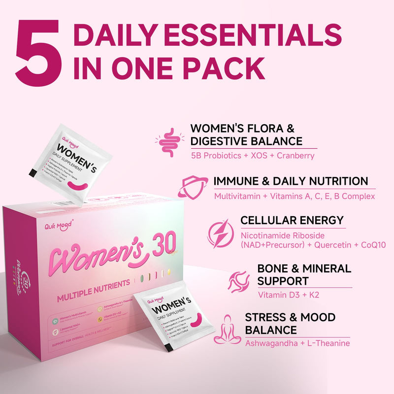 Multivitamin for Women 30+ with D3+K2, Probiotics & NR | Daily Vitamin Packs with Ashwagandha & L-Theanine, Portable Packs for Energy, Gut Health, Bone Support, 30 Day Supply 1 Box