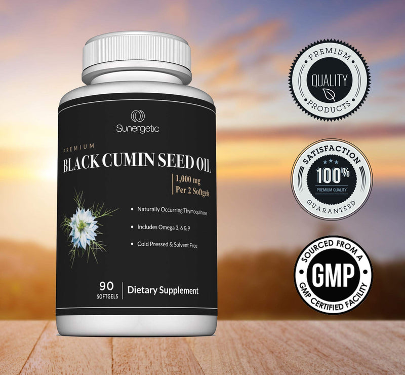 [Australia] - Sunergetic Premium Black Cumin Seed Oil Softgels – 1,000mg of Black Seed Oil Per Serving – Non GMO Cold Pressed Nigella Sativa – Includes Thymoquinone & Omega’s - 90 Softgels 