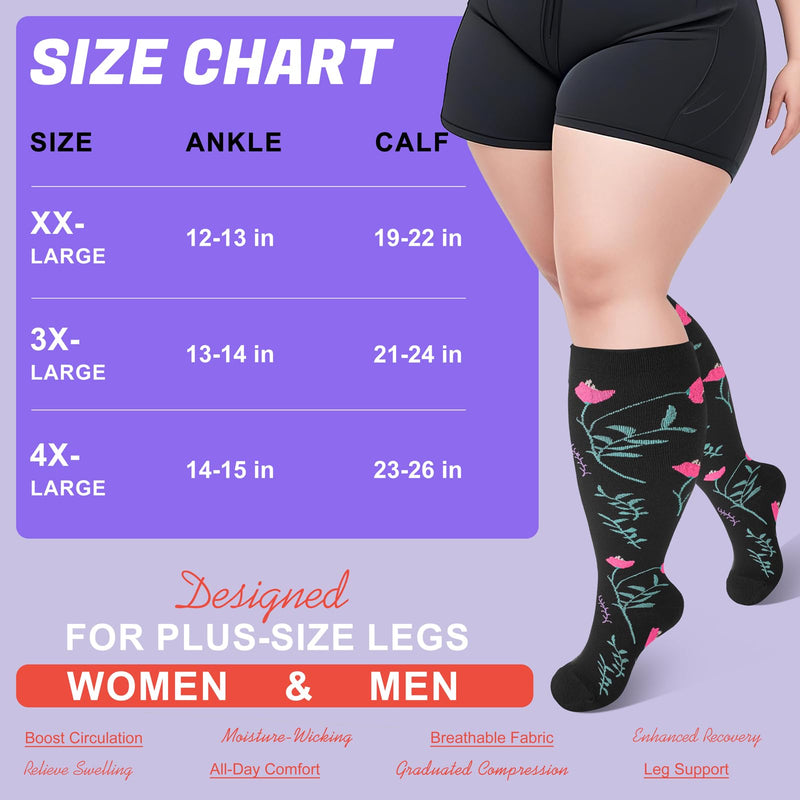 [Australia] - 4 Pairs Plus Size Compression Socks,Extra Wide Calf 20-30 mmHg Knee High Compression Socks for Men Women Circulation XX-Large B-pink 