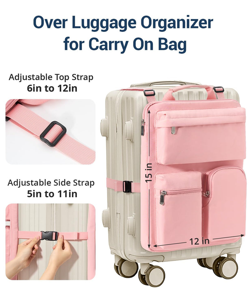 Over Luggage Organizer for Carry On Bag/Suitcase | 16” Laptop Sleeve with Handle, Portable Travel Accessories Bags for Luggage with Adjustable Harness Straps (Pink) pink