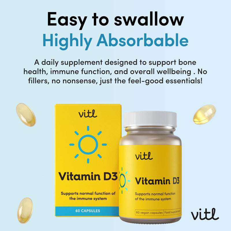 Vitl Vitamin D3 Supplement - 60 Vegan Softgel Capsules - Support for the Immune System, Bones & Joints, Teeth, Muscles and Heart - 2 Month Supply 60 count (Pack of 1)