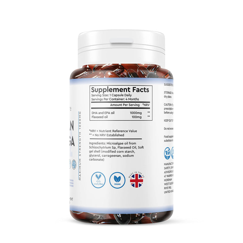 Vegan Omega 3 6 9, DHA & EPA Oil - 1000mg - 4 Month Supply 120 Soft gels - Naturaly sourced Algae Oil - High Strength