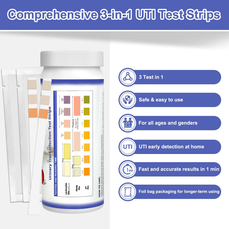 3-in-1 UTI Test Strips, Full Panel Urinary Tract Infection Test Kit at Home for Women Men Kids, Detection with Accurate Leukocytes, Nitrite, and PH Readings, Simple at-Home Urine Test Strips, 50ct