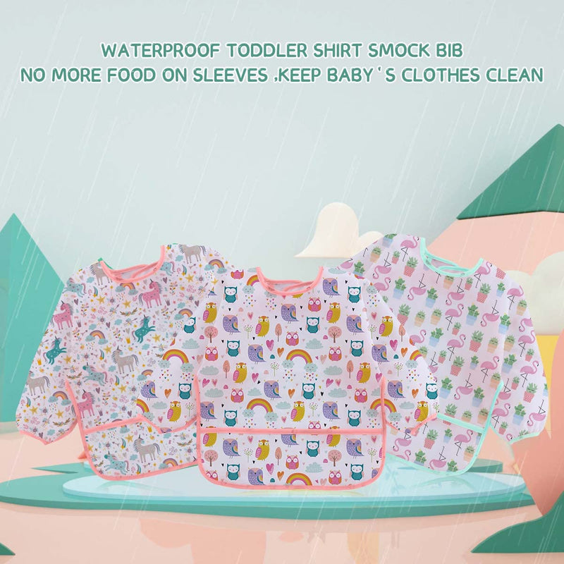 [Australia] - 3 Pcs Waterproof Long Sleeves Baby Bibs Weaning Smock Bib 3-24 Months Owl/Unicorn/Flamingo 