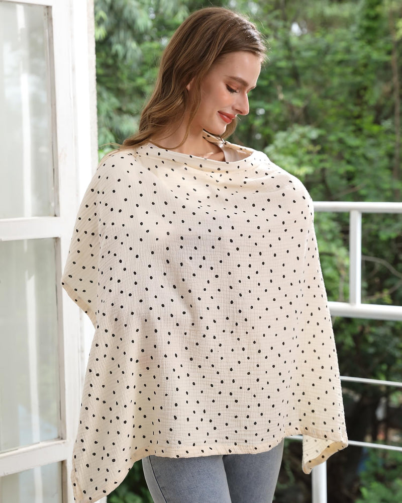 [Australia] - Nursing Cover for Baby Breastfeeding with Rigid Hoop, Breathable Soft 100% Muslin Cotton, Baby Breast Feeding & Pumping Apron, Multi Use Baby Car Seat Stroller Cover (Beige polka dots) Beige polka dots 