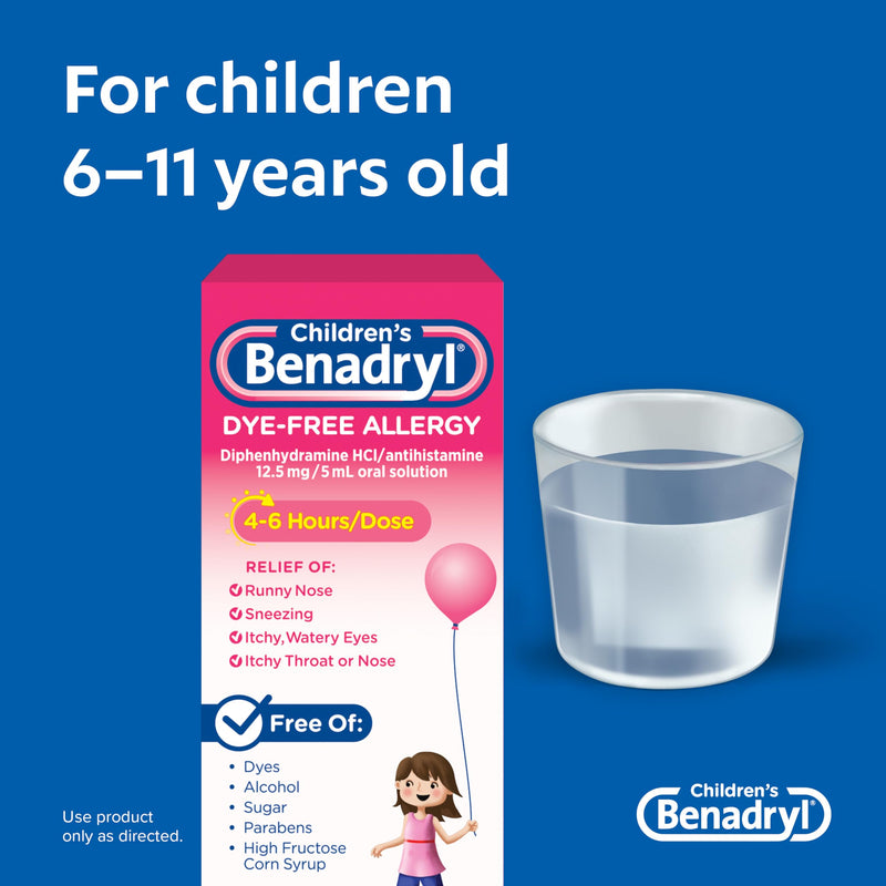 Benadryl Children's Dye-& Sugar-Free Allergy Relief Liquid Medicine with Diphenhydramine HCl, Antihistamine Allergy Medicine for Kids, Dye-Free, Alcohol-Free, Bubble Gum Flavor, 8 fl. Oz Bubblegum 8 Fl Oz