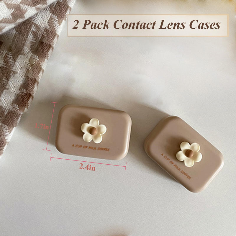 [Australia] - 2 Pack Mini Contact Lens Cases, Portable Contacts Lens Box Travel Kit with Mirror, Tweezers, Remover Tool Stick, Cute Flower Eye Contact Case Container Holder Storage Box for Daily Outdoor Brown 