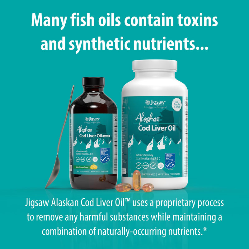 [Australia] - Jigsaw Health Alaskan Cod Liver Oil | 900 mg Omega-3s with EPA, DHA, and DPA | Includes Naturally Occuring Vitamins A & D | 180 Softgels | 60 Servings 
