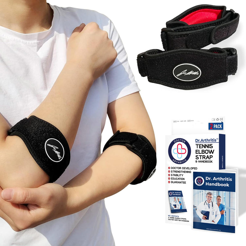 Doctor Developed Golfers Elbow Brace, Elbow Brace for Tendonitis and Tennis Elbow Relief, Tennis Elbow Support with Doctor Handbook (Pair, Black)