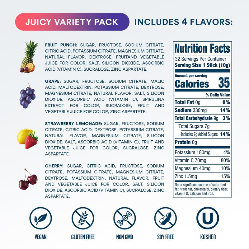 DripDrop Hydration Juicy Variety Pack, Electrolyte Packets, 32 Count | Grape, Fruit Punch, Strawberry Lemonade & Cherry; 3X Electrolytes, Vitamin C, Magnesium, Zinc; Single Serve Powder Drink Mix