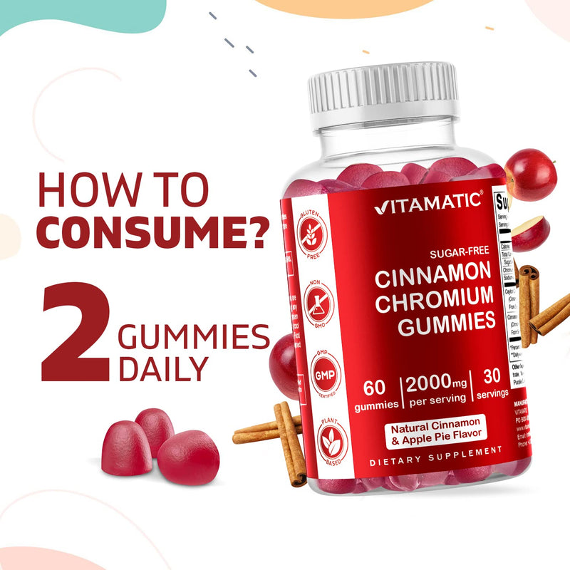 [Australia] - 2 Pack - Vitamatic Sugar Free Chromium Gummies with Ceylon Cinnamon - 2000 mg per Serving - Non-GMO - Gluten Free - 60 Vegan Gummies 