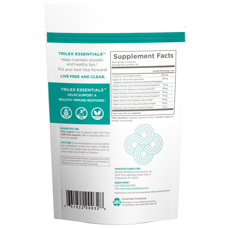 [Australia] - Natural Wellbeing Trilex Essentials for Cold Sores - with Lysine, St. John's Wort (Hypericin) for Smooth and Healthy Lips - Herbal Supplement 90 Veg caps 