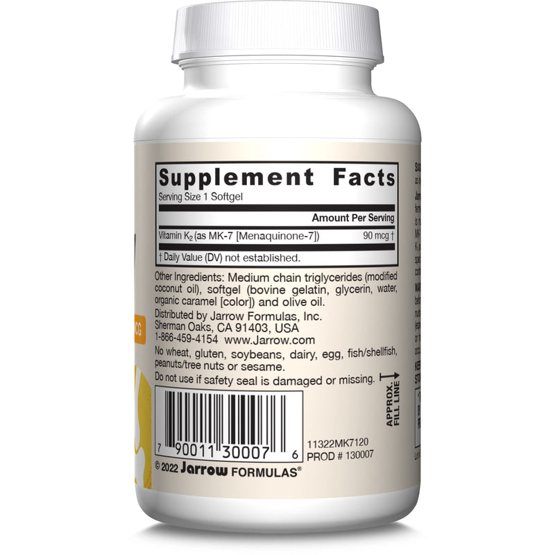 Jarrow Formulas MK-7 90 mcg - Bioactive Form of Vitamin K2-120 Servings (Softgels) - for Bone & Cardiovascular Health - Vitamin K2 MK-7 Dietary Supplement - Gluten-Free 120 Count (Pack of 1)