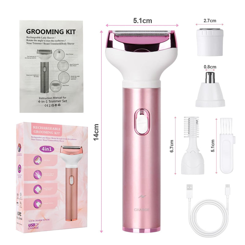 [Australia] - Wet & Dry Electric Razor for Women Body Razors 4-in-1 Facial Hair Remover Electric Shaver and Facial Hair Remover Painless Ladies Body Razors for Nose Face Body Leg Bikini Arm Hair 