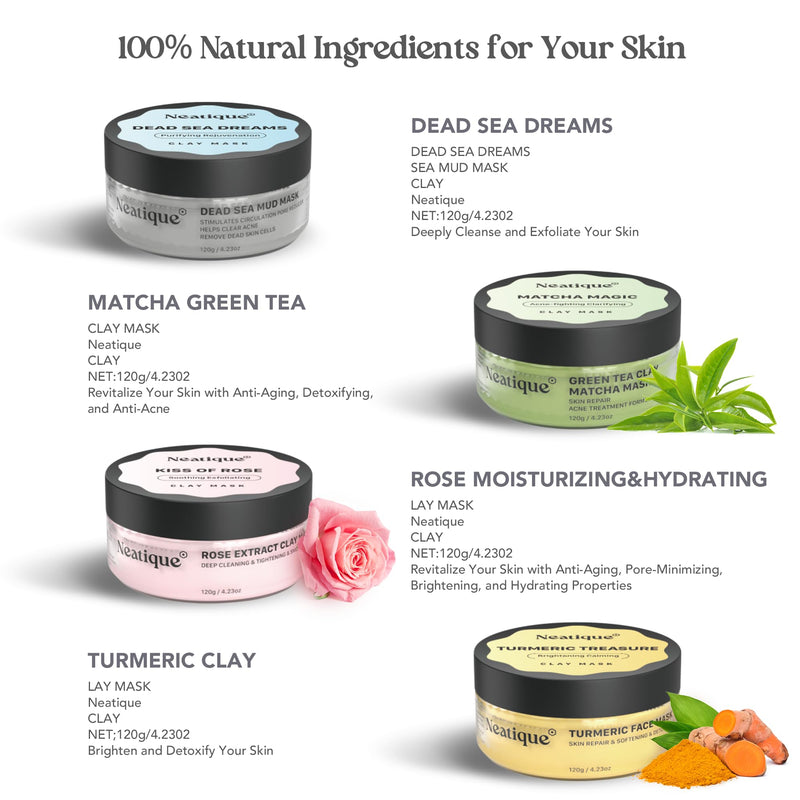 Face Masks Skincare Set, 480g (120gx4) High Capacity Facial Mask, Clay Mask Set with Turmeric w/Vitamin C, Green Tea, Rose and Dead Sea Mud, Deap Cleansing, Hydration and Pore Refinement