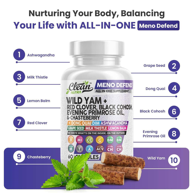 [Australia] - Clean Nutra Wild Yam Root Capsules with Red Clover Black Cohosh Evening Primrose Oil Chasteberry Dong Quai DIM Ashwagandha Grape Seed Extract Milk Thistle Lemon Balm and more Hormone Balance For Women 