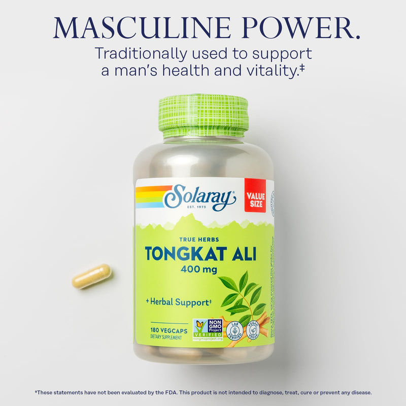 SOLARAY Tongkat Ali 400 mg - Longjack Tongkat Ali for Men - Herbal Support for Men's Health and Vitality - Vegan, Non-GMO, Lab Verified - 180 Servings, 180 VegCaps 180 Count (Pack of 1)