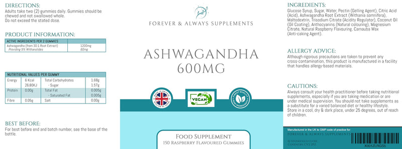 Ashwagandha High Strength Gummies (150) 1200mg per serv - Raspberry Flavoured Gummies for Adults - Sleep, Mind, Calm, Focus & Melatonin Support Supplements