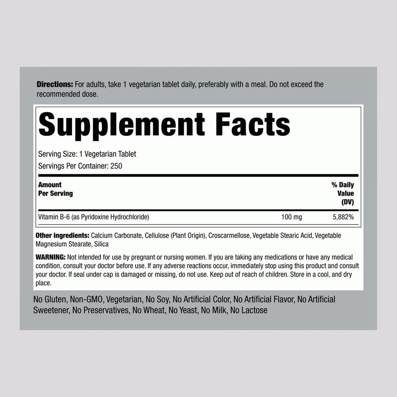 Piping Rock Vitamin B6 100mg Tablets | 250 Pills | Supplement for Men and Women | As Pyridoxine Hydrochloride | Vegetarian, Non-GMO, Gluten Free