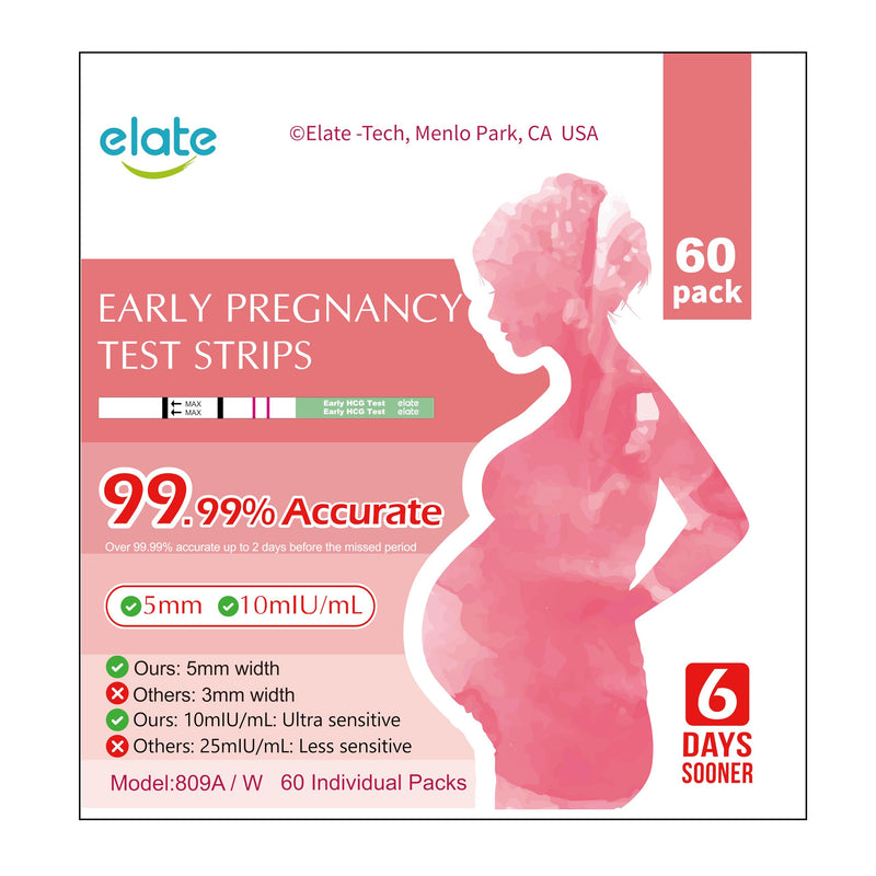 Elate Early Detection Pregnancy Test Strips – HCG Early Result 6-Days Sooner, 60 Count Bulk EPT, Pruebas De Embarazo, Ultra-Sensitive 10mIU/mL, 99.99% Accurate, Easy Home Use, 5mm 1 Count (Pack of 60)