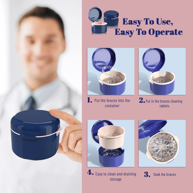 2 Pack Denture Case with Strainer Basket, Denture Cup, Retainer Case, Denture Bath Box, False Teeth Container for Travel Cleaning (Blue) Blue