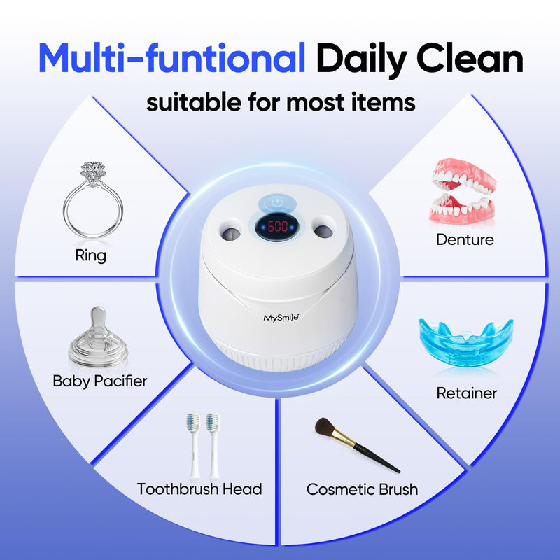 [Australia] - MySmile Ultrasonic Retainer Cleaner- 45kHz Denture Cleaner Machine with 200ML Capacity for Aligner, Mouth Guard, Braces, Portable Dental Cleaning Pod with 2 Mode Digital Timer for Home, Travel (WHITE) WHITE 