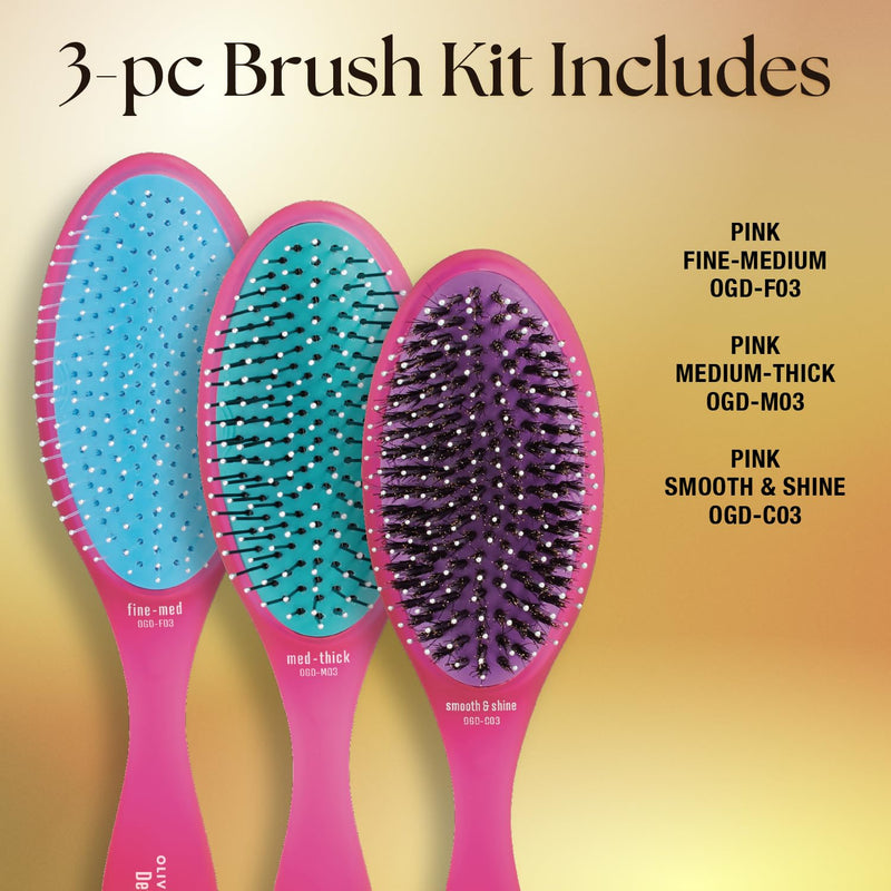 Olivia Garden OG Brush Collection, removable cushion, scalp hugging massages the scalp, 1 fine to medium and 1 medium to thick detangler, 1 smooth and shine styler, for wet or dry hair, Pink 3pc box 3-Piece Kit ($54.85 Value)