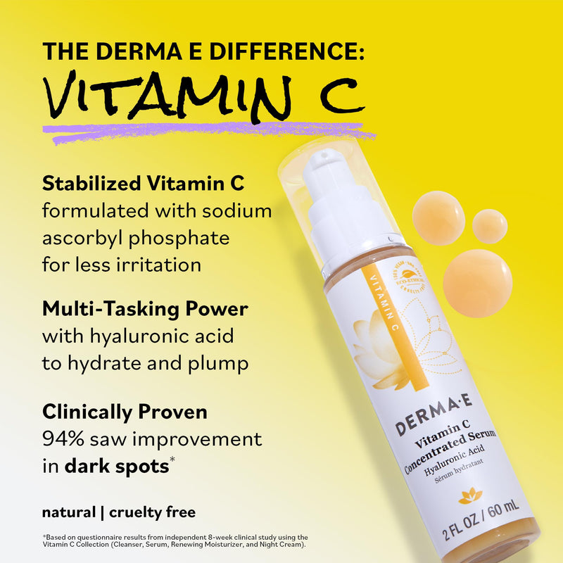 DERMA E Vitamin C Concentrated Serum, 2 Oz, with Hyaluronic Acid, Vitamin E & Aloe, All Natural, Antioxidant-Rich Concentrated Formula, Hydrating & Brightening Vitamin C Face Serum