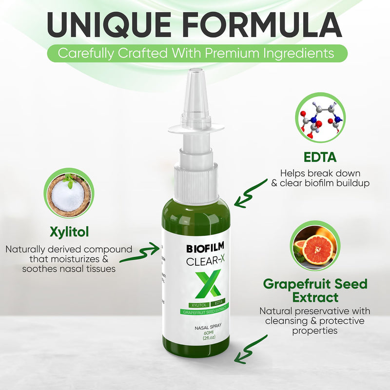 BioFilm Clear-X Nasal Spray with EDTA, Xylitol and Grapefruit Seed Extract, 2 fl oz 60 ml, 500 Sprays per Bottle