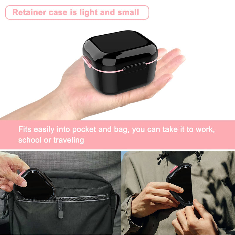 [Australia] - BVN Denture Bath Denture Case: Denture Cup for Soaking Dentures, Retainer Cleaner Case with Mirror, Mouth Guard Case, Aligner Case, Retainer Holder, Night Guard Case, False Teeth Container Black Black Pink 