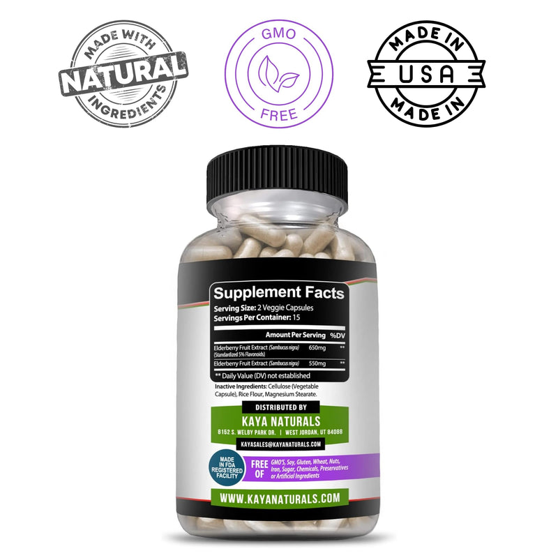 Kaya Naturals Elderberry Immune Support - Elderberry Extract, Rich Antioxidant Premium Vitamins, 1200mg Immune System Booster Sambucus Capsules - 30 Count (Pack of 2) 30 Count (Pack of 2)