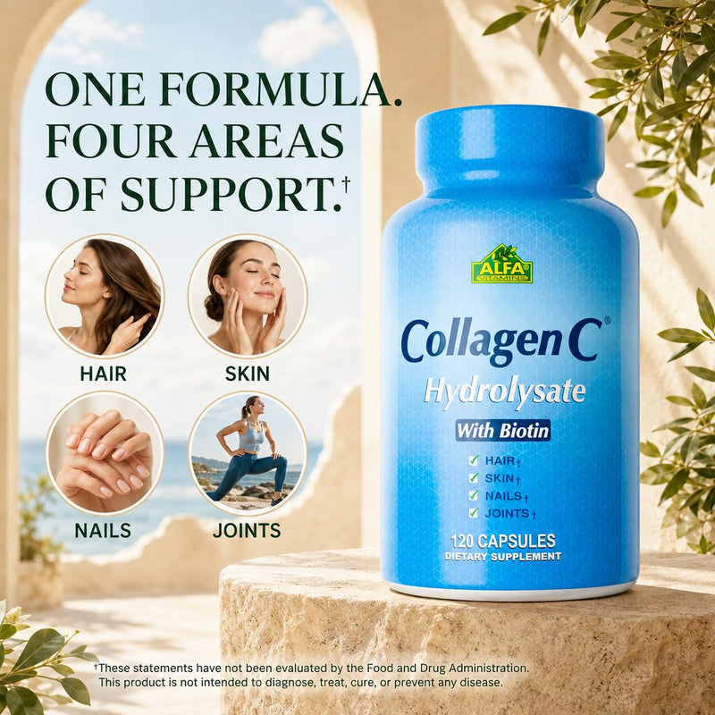 Premium Collagen Hydrolysate By Alfa Vitamins - Anti-Aging Nutritional Supplement Rich In Vitamin C - Skin, Nails & Hair Rejuvenation - Supports Bone & Muscle Health - Made In USA - 120 Capsules 120 Count (Pack of 1)