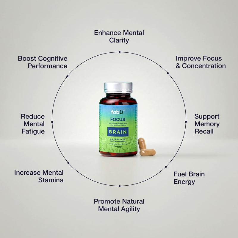 fabÜ Focus Brain Supplement with Lion's Mane Mushroom & Nutrients - Performance Support with Amino Acids, Choline & B Vitamins - Nootropic for Concentration (60 Capsules)