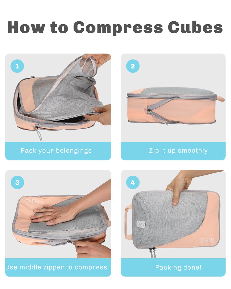 6 Set/ 4 Set/ 2 Set Compression Packing Cubes Travel Essentials Lightweight Nylon Luggage Suitcase Organizer Bag Light Pink 4PCS Light Pink-4 PCS